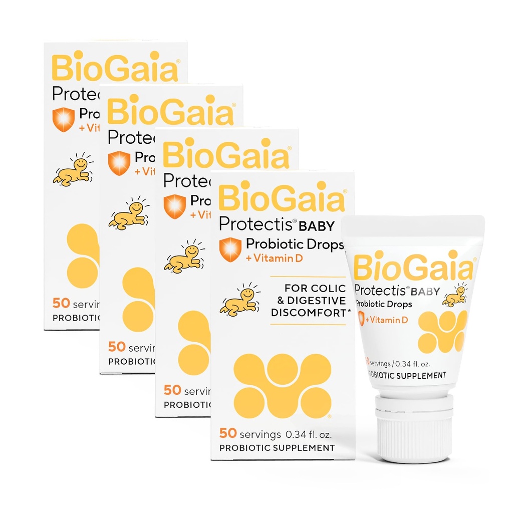 BioGaia Baby Probiotic Drops - Colic & Gas Relief + Vitamin D, 50-Day Supply, Safe for Newborns, Reduces Crying, Fussing, Colic, Gas, Spit-ups & Constipation, No allergens, Dairy or Soy (Pack of 4)