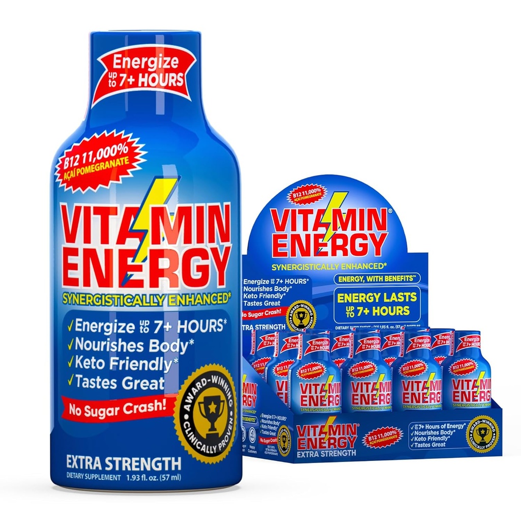 Vitamin Energy B12 11,000% Extra Strength Energy Shot Açaí Pomegranate 12 Pack, 260mg Natural Caffeine, B12 &amp; B6, Nootropic Focus, Vitality, Zero Sugar, Gluten-Free, Vegan, Kosher, 1.93 fl oz