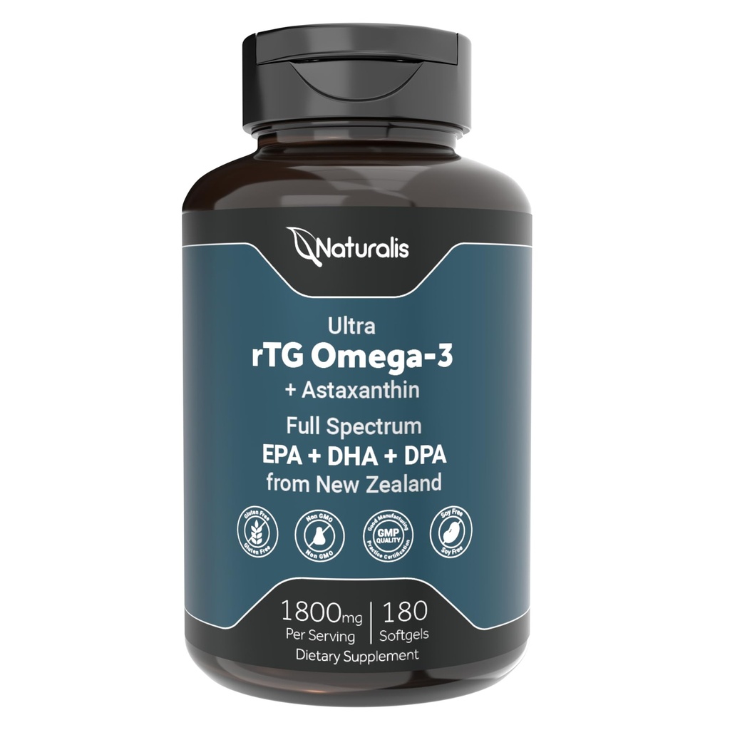 Naturalis Ultra rTG Omega 3 Fish Oil 1800mg from Wild New Zealand Tuna | IFOS Certified & Sustainably Sourced | Full Spectrum Omega3s EPA, DHA & DPA | 180 Softgels