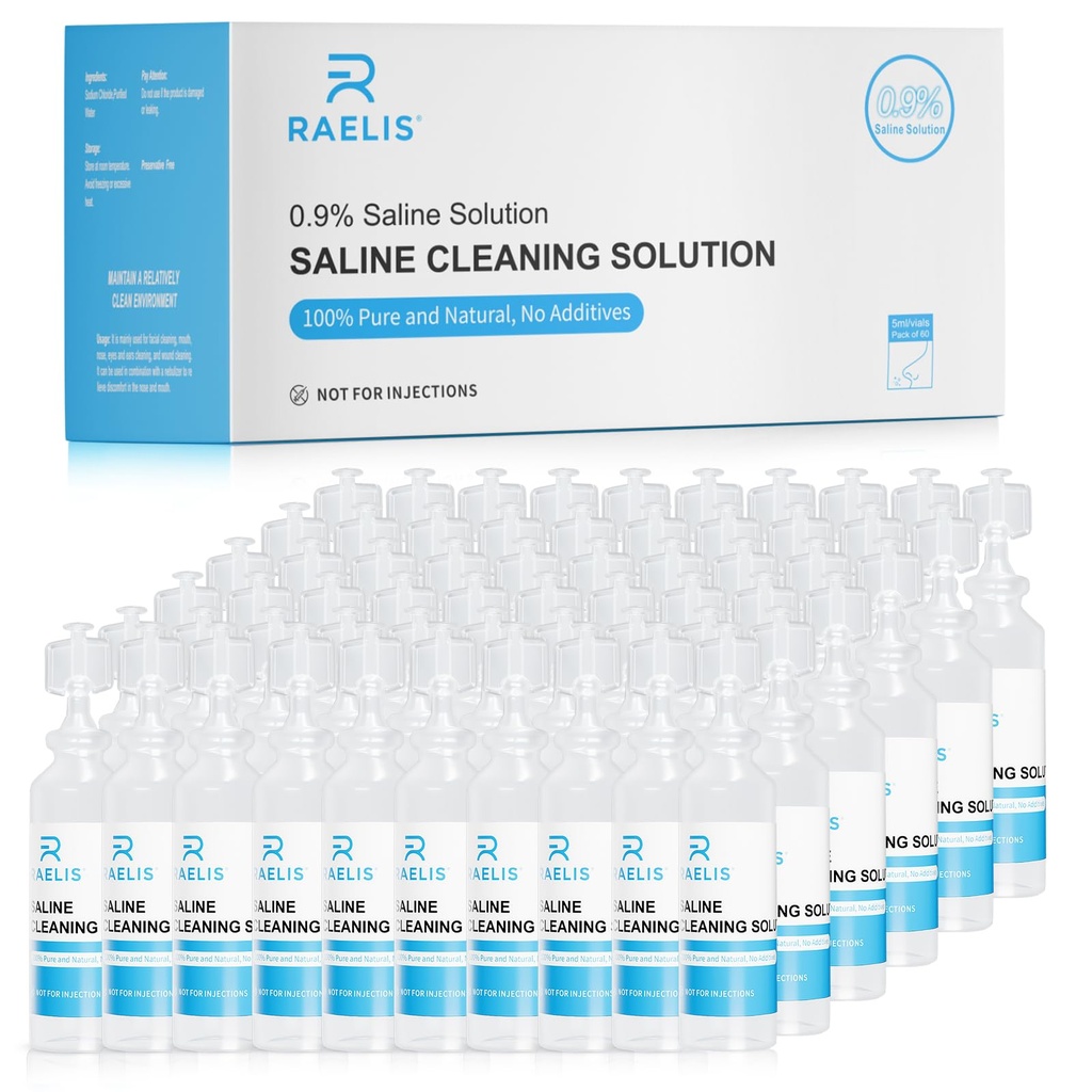 Saline Solution, 300ml /10.56 FL OZ Normal Solution for Multiple Household Uses, 5ml Each, 60 per Box