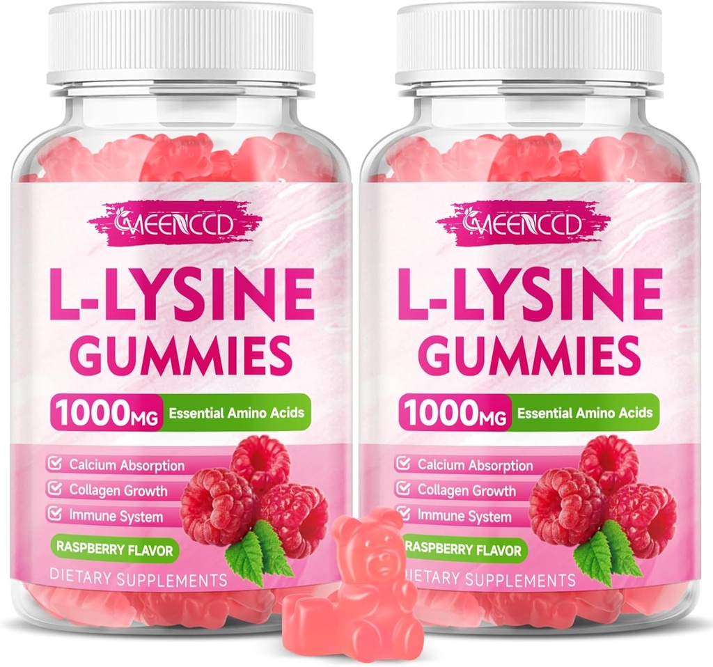 2 Pack L-Lysine 1000mg Gummies, Lysine Supplement for Adults &amp; Kids, Essential Amino Acid for Lips & Oral Health, Boost Immune & Collagen & Calcium, Sugar-Free, Raspberry Flavor, 120 Cuenta