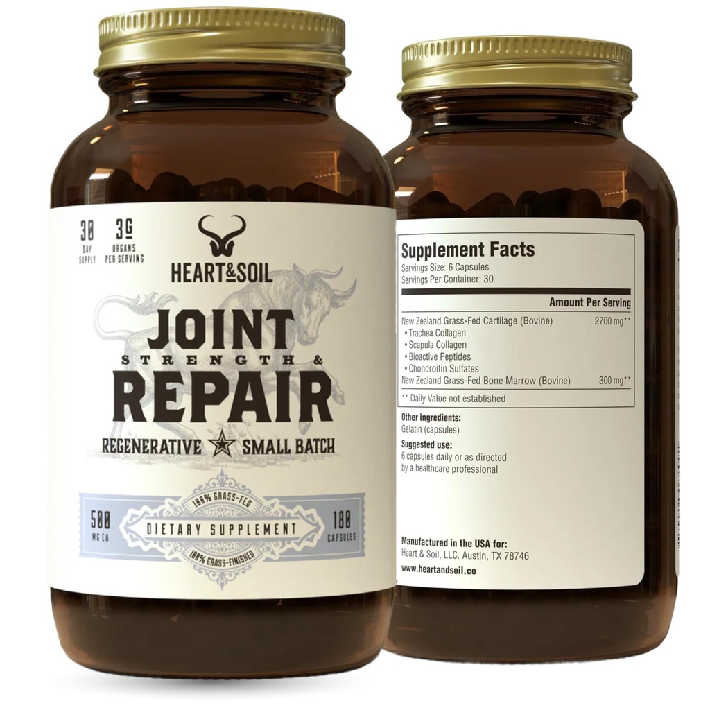 Heart & Soil 100% Grass Fed & Finished Joint Support Supplement from Regenerative Cattle with Trachea, Scapula & Bone Marrow – Supports Joint Strength & Mobility – 3000mg – Glass Bottle – 180 Capsules