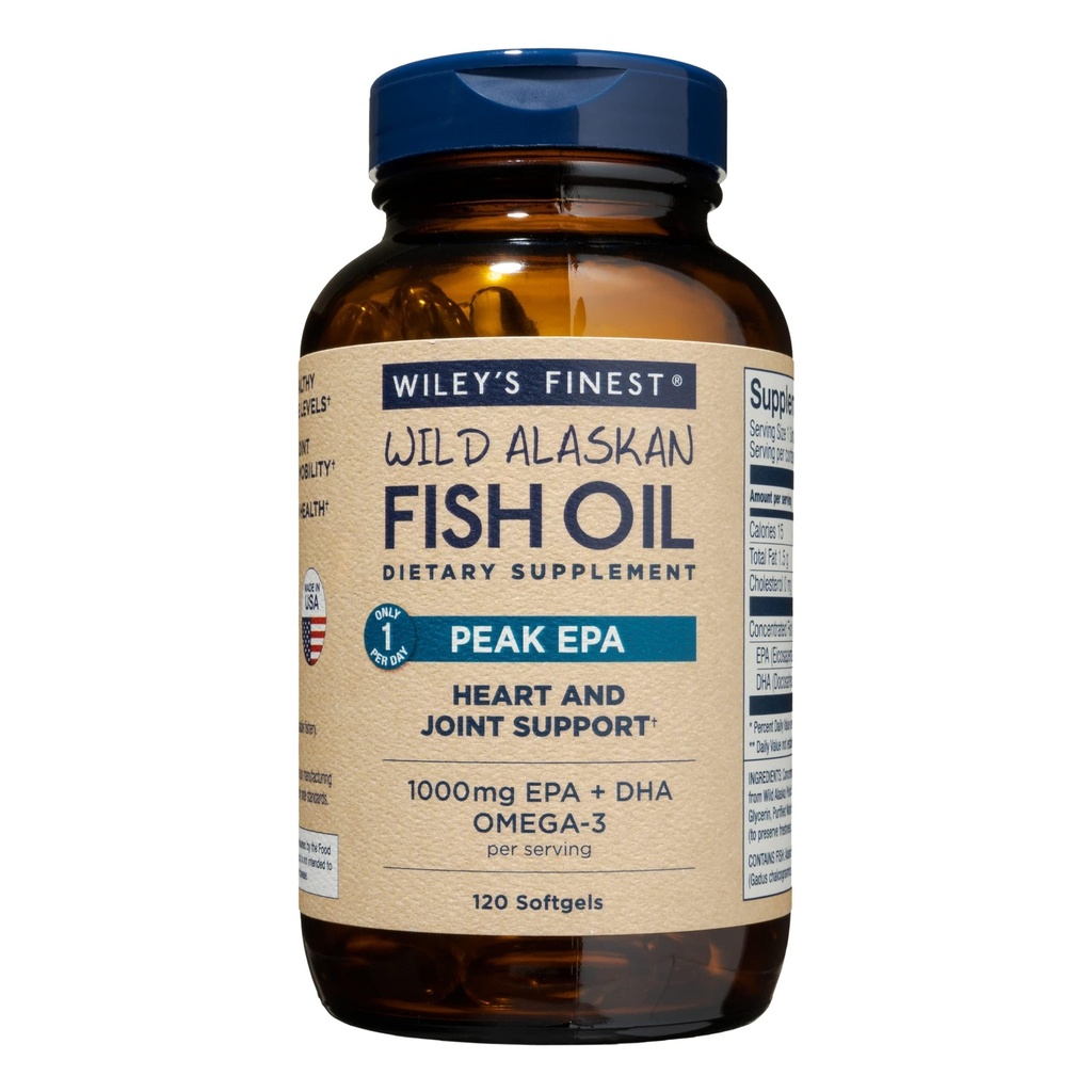 Wiley's Finest Wild Alaskan Fish Oil Peak EPA - Triple Strength Peak EPA & DHA Supplement - 1000mg Fish Oil - Omega-3s for Joint Health Support - 120 Softgels (120 Servings)