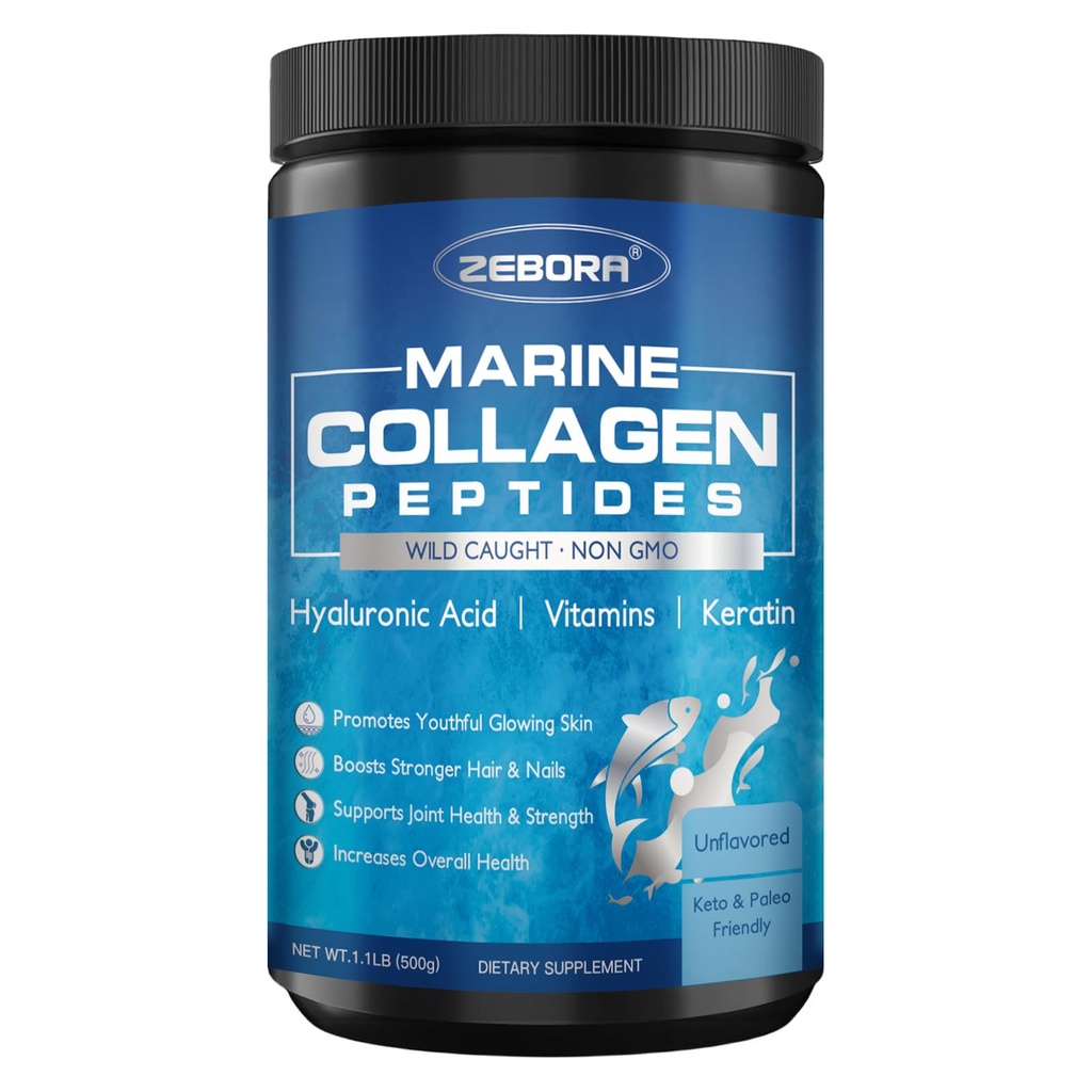 ZEBORA Marine Collagen Peptides Powder 50 Servings - Wild Caught Hydrolyzed Fish Collagen with Hyaluronic Acid, Keratin, Multivitamins - Collagen for Women Support Skin Hair Nail Joint, Keto Friendly