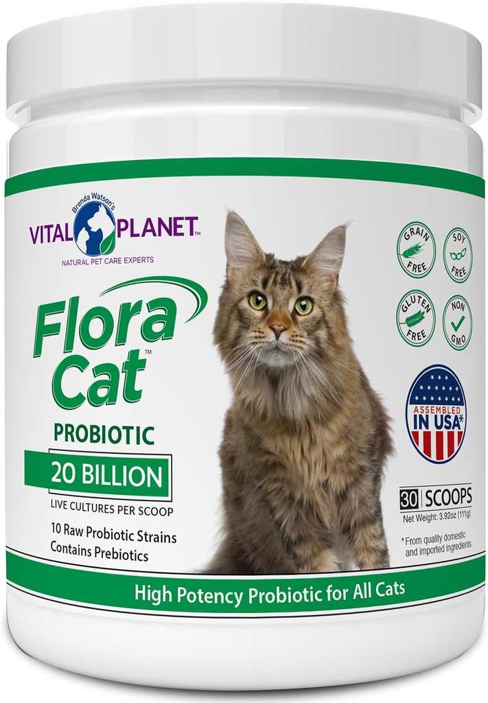 Planeta Vital - Flora Cat Probiotic Powder Suplemento con 20 Culturas de billón y 10 Diversos Strains Probióticos de alta potencia para todos los gatos para Digestivo Felino y Apoyo Inmunitario 30 Scoops 3.92 oz
