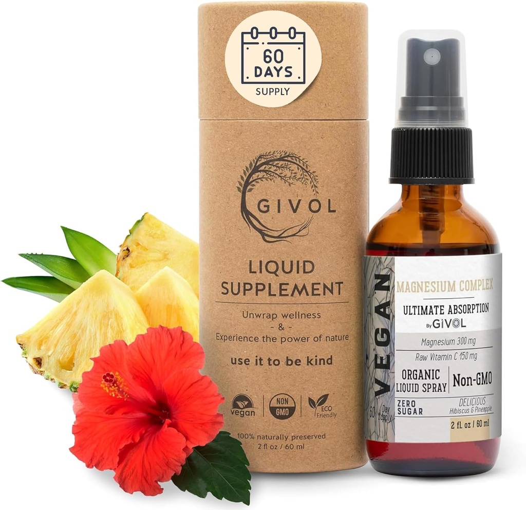 Complejo Tri Magnesium - Magnesium Biglycinate, Citrate & Taurate Liquid Spray 300mg w/Raw Vitamina C para promover la serenidad, descompresión corporal - Hibiscus & Pineapple Flavor 60ml (2oz)