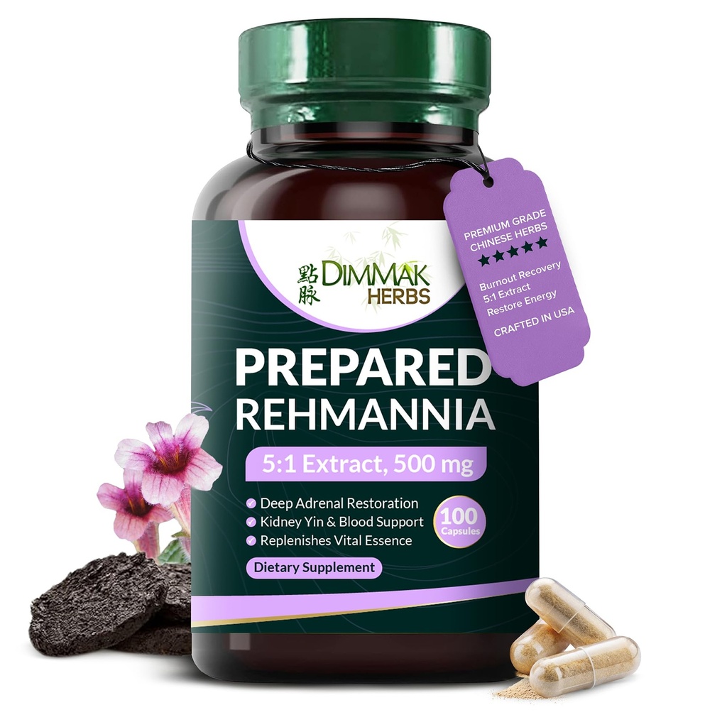 Dimmak Herbs Prepared Rehmannia Root Capsules (Shu Di Huang)- 5:1 Organic Extract- High Potency Adrenal & Kidney Yin Tonic- Supports Menopause, Sleep & Vitality- Non-GMO Vegan, 500mg