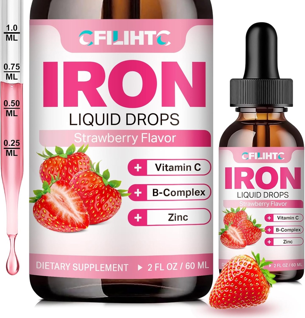 Suplemento de Hierro Líquido para Mujer Hombres &amp; Niños gotas de hierro multivitamina con folato, vitamina C, B6, B12, zinc para la anemia, deficiencia de hierro, constructor de sangre, energía - sabor a fresa natural, Vegan 2 Fl Oz
