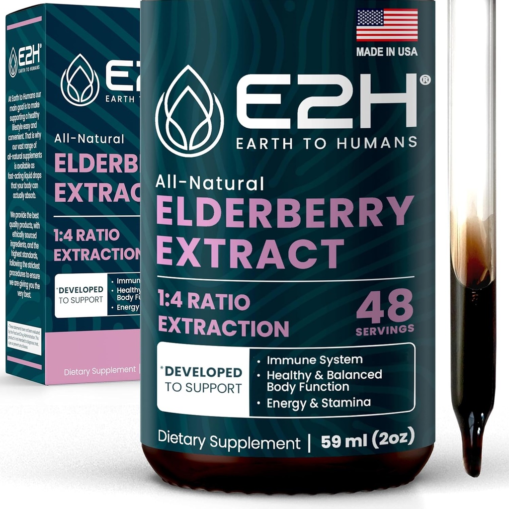 E2H Elderberry Syrup - Powerfull Antioxidants Suplemento de Elderberries Orgánicas Extracto - Sambucus Elderberry Syrup para Adultos Niños para Apoyo Inmunitario - No GMO, Vegan - 2 Fl Oz