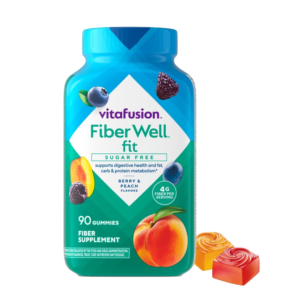 Vitafusion Fiber Well Fit Gummies | 4g | 90 Count | Sugar Free Adult Gummy | Vitamins For Women & Men | Berry & Peach Flavors | Gluten Free Supplement