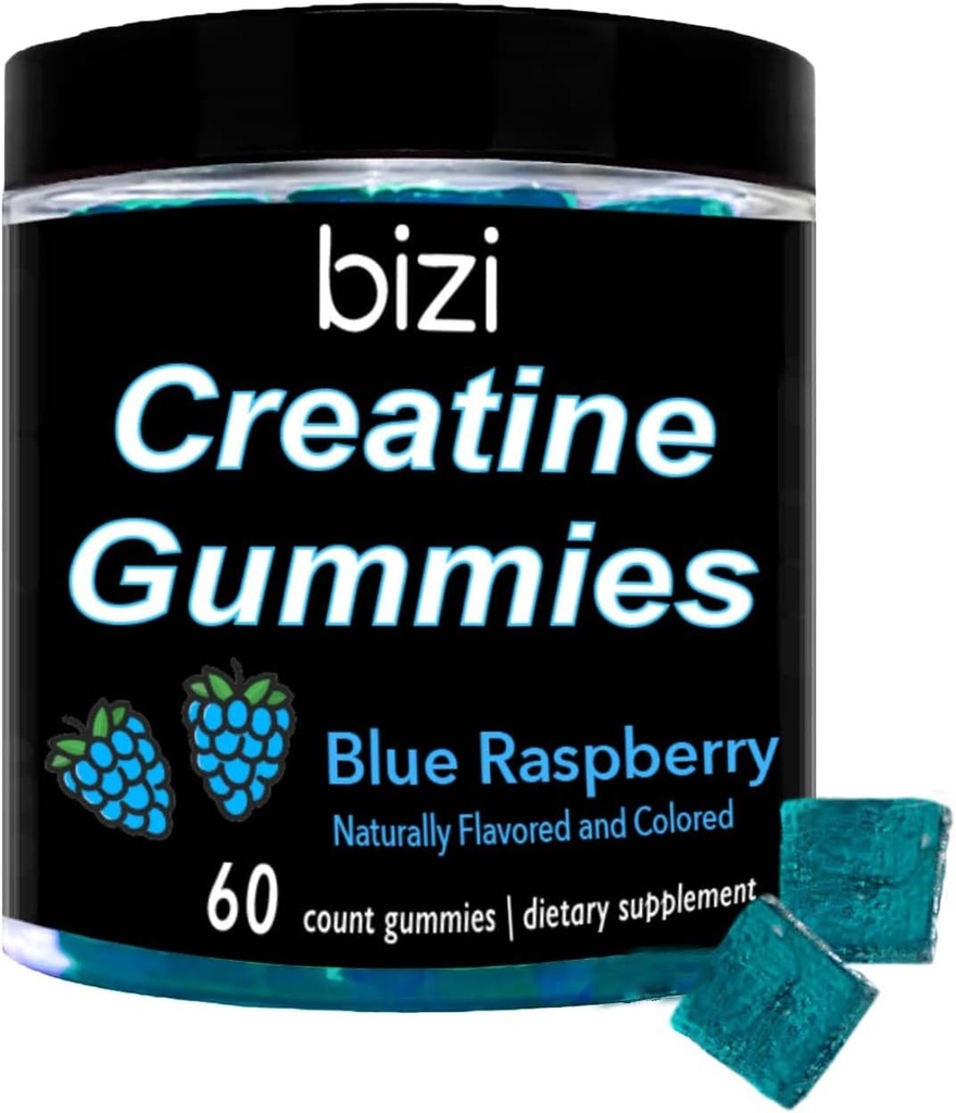 Bizi Creatine Gummys for Men &amp; Women - 1g of Creatine Monohydrate per Gummy - Watermelon Flavor - Workout, Muscle Growth, and Recovery Supplement- Vegan & Gluten Free (60 ct) (Blue Raspberry)
