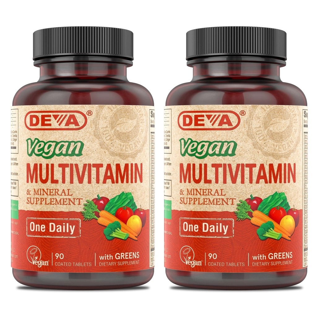 DEVA Vegan Multivitamin & Mineral Supplement with Iron 2-Pack, Spirulina, Chlorella, Ashwagandha, Broccoli & More, 90 Coated Tablets Each