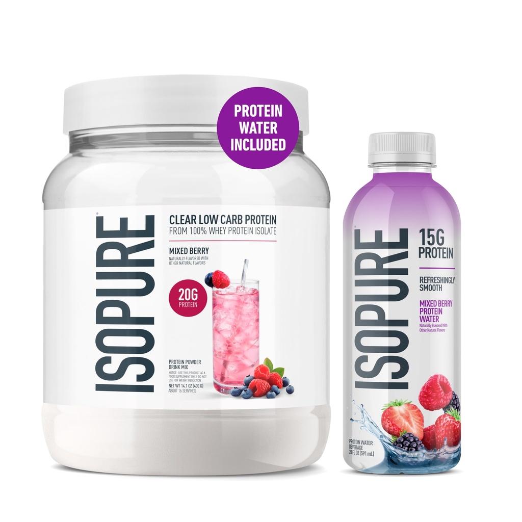 Isopure Clear Whey Isolate Mixed Berry Protein Powder 16 Servings + 1 Bottle of Clear Protein Water with Electrolytes, 15g Whey Protein Isolate, Zero Sugar, Mixed Berry, 20 fl oz Bottle