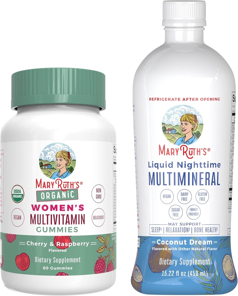 MaryRuth's Multivitamin Gummies for Women (Strawberry) & Liquid Nighttime Multimineral (Pineapple) tóxico Clean Label Project Verified® ← USDA Organic & Vegan tención Beauty, Bedtime Routine, " Global Health