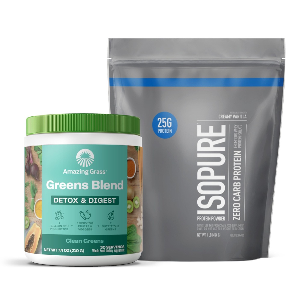 Build Your Smoothie Immunity Bundle with Isopure Zero Carb Creamy Vanilla Protein Powder (15 Servings) and Amazing Grass Greens Blend Detox & Digest (30 Servings)