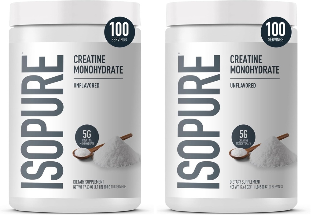 Isopure 100% Pure Creatine Monohydrate Powder,Sugar Free,Unflavored,5g Creatine Monohydrate Per Serving,1.1 Lbs,100 Servings (Packaging May Vary),(Pack of 2)
