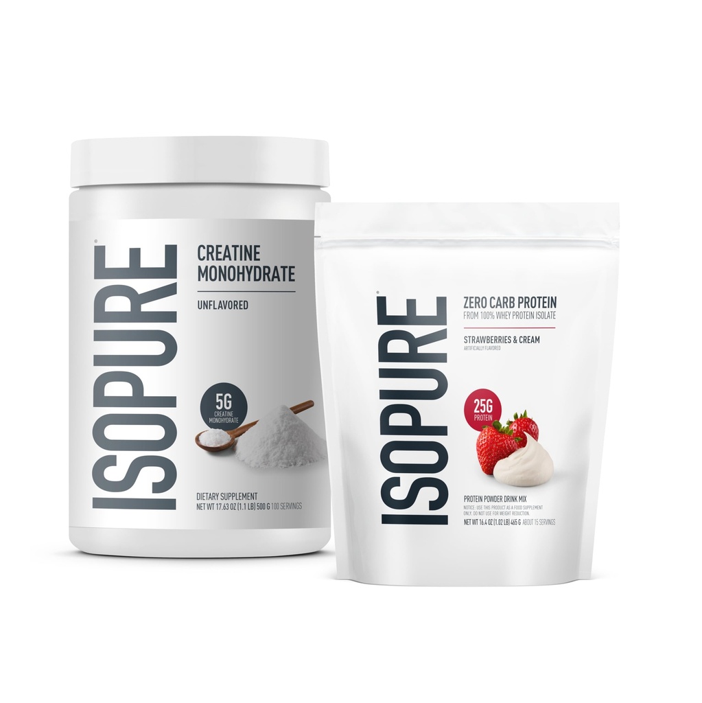 Isopure Bundle of Zero Carb 100% Pure Whey Isolate Protein Powder, Strawberries & Cream, 25g Protein Por Serving, 1 Lb, 15 Servings + Isopure 100% Pure Creatine Monohydrate Powder, 100 Servings