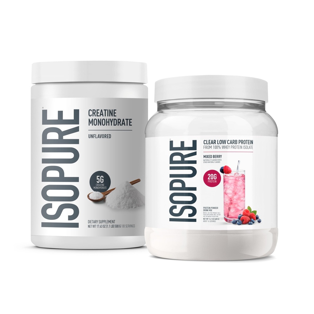 Bundle of Isopure Unflavored Creatine Monohydrate Powder,100 Servings, 500g + Isopure Protein Powder, Clear Whey Isolate, Gluten Free with Zero Added Sugar, Infusions- Mixed Berry, 16 Servings