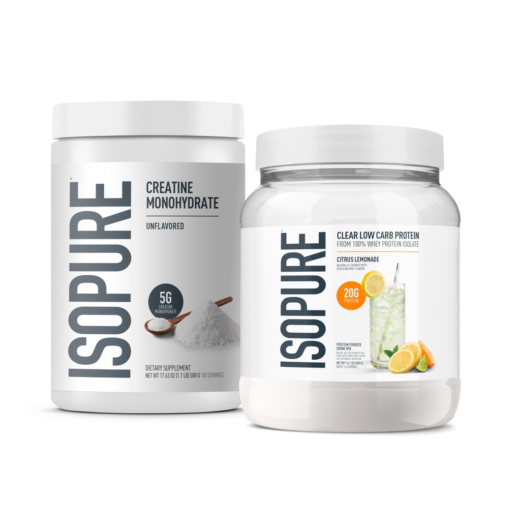 Isopure Bundle of Clear Whey Isolate Protein Powder, Citrus Lemonade,16 Servings 100% Pure Creatine Monohydrate Powder, Unflavored, 100 Servings