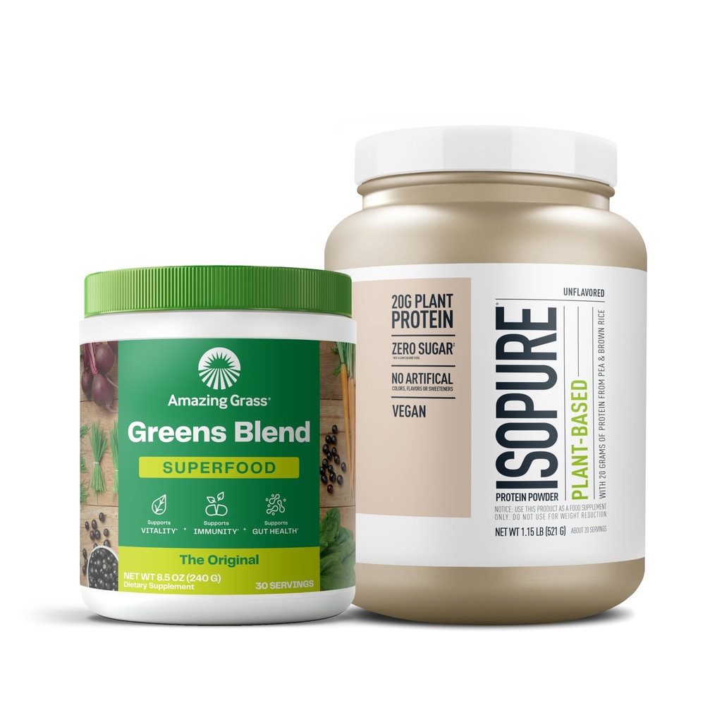 Bundle of Amazing Grass Greens Superfood Powder: Original, 30 Servings + Isopure Unflavored Vegan Protein Powder, Plant Based, Organic Pea Protein, Dairy Free, 20 Servings (Packaging May Vary)