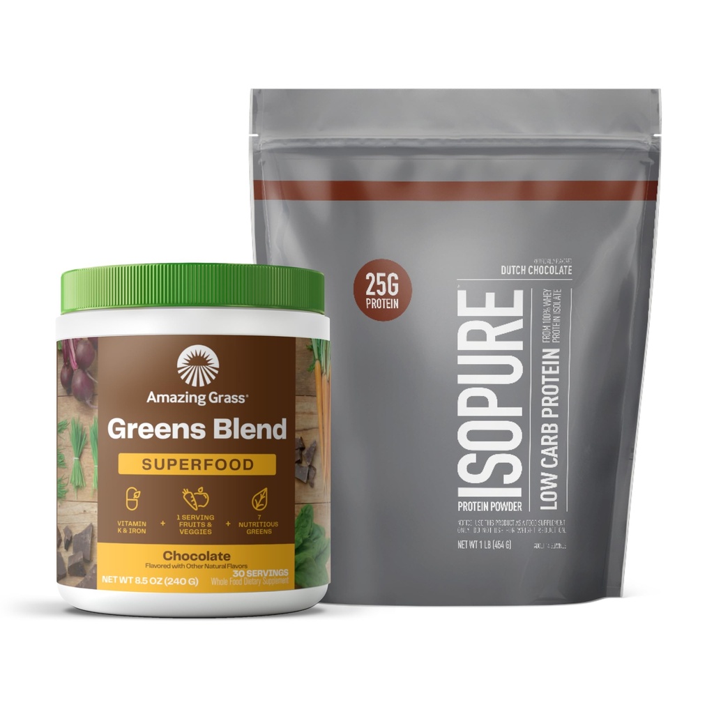 Build Your Smoothie Isopure Chocolate Bundle Dutch Chocolate Low Carb Protein Powder (14 Servings) and Amazing Grass Greens Chocolate Blend Superfood (30 Servings)