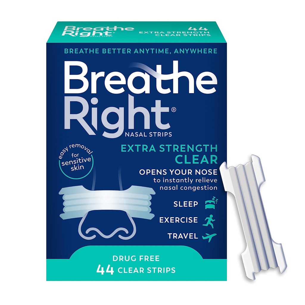 Breathe Right Nasal Strips, Extra Strength Clear Nose Strips, Drug-Free Nasal Congestion Relief for Better Breathing, Help Relieve Snoring, Caused by Colds & Allergies, Deviated Septum, 44ct