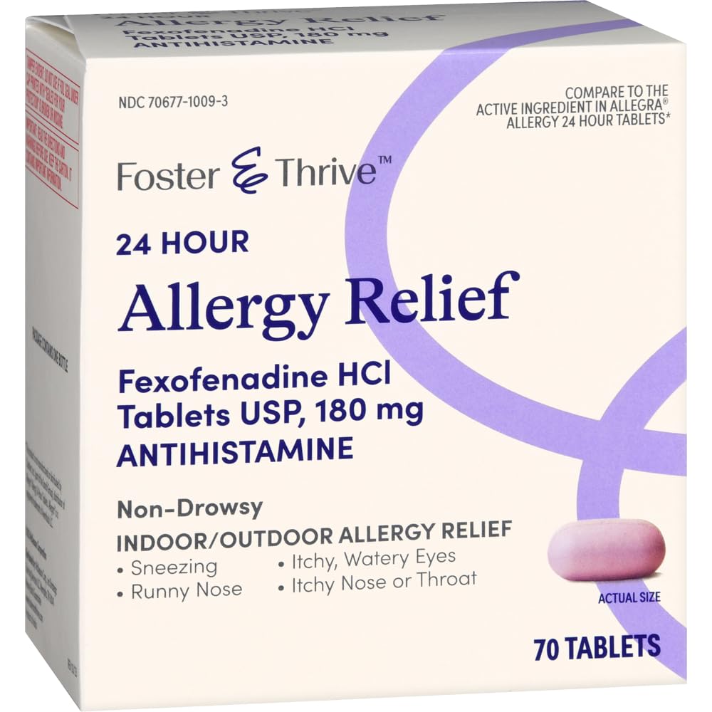 Foster & Thrive 24 Hour Allergy Relief, Non-Drowsy, All Day Rellief of Indoor & Outdoor Allergies, Fexofenadine Hydrochloride Tablets, 180 mg, 70 Count