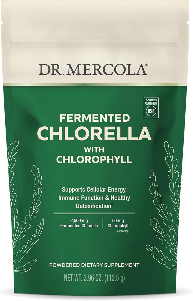 Dr. Mercola Fermented Chlorella con Chlorophyll Powder, 3.96 Oz. (112.5 g), 45 Serviciones, Apoyo a la Energía Celular y Función de Inmune, No GMO, NSF Contenido certificado