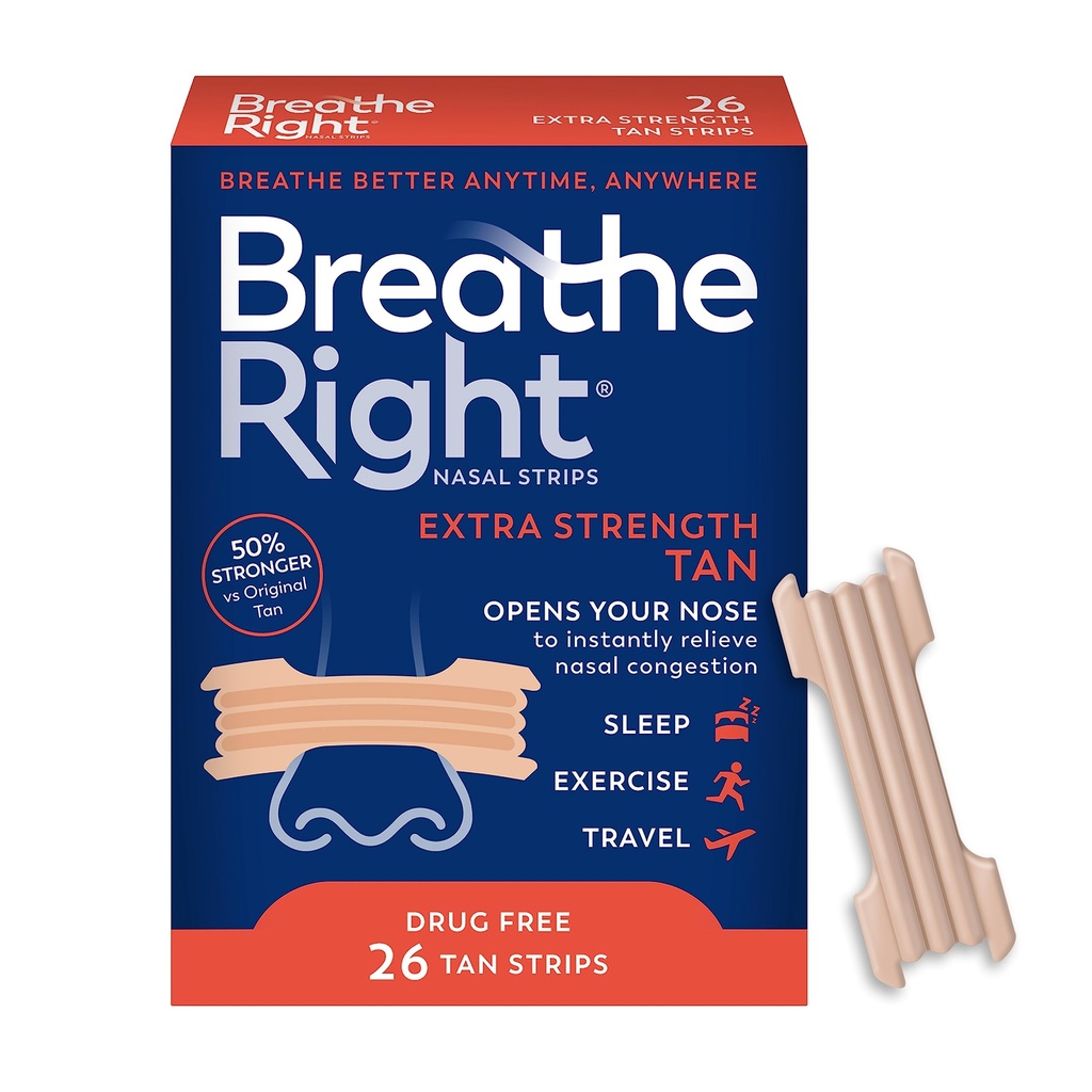 Breathe Right Nasal Strips, Extra Strength Tan Nose Strips, Drug-Free Nasal Congestion Relief for Better Breathing, Help Relieve Snoring, Caused by Colds & Allergies, Deviated Septum, 26ct