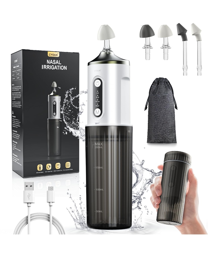 Nasal Irrigation System Electric Neti Pot Sinus Rinse Machine 200ml for Adults & Kids with 4 Nozzles & 30 Salts, USB-C Charge, Gentle Nasal Irrigation Device for Sinus Relief & Allergy（Gray）