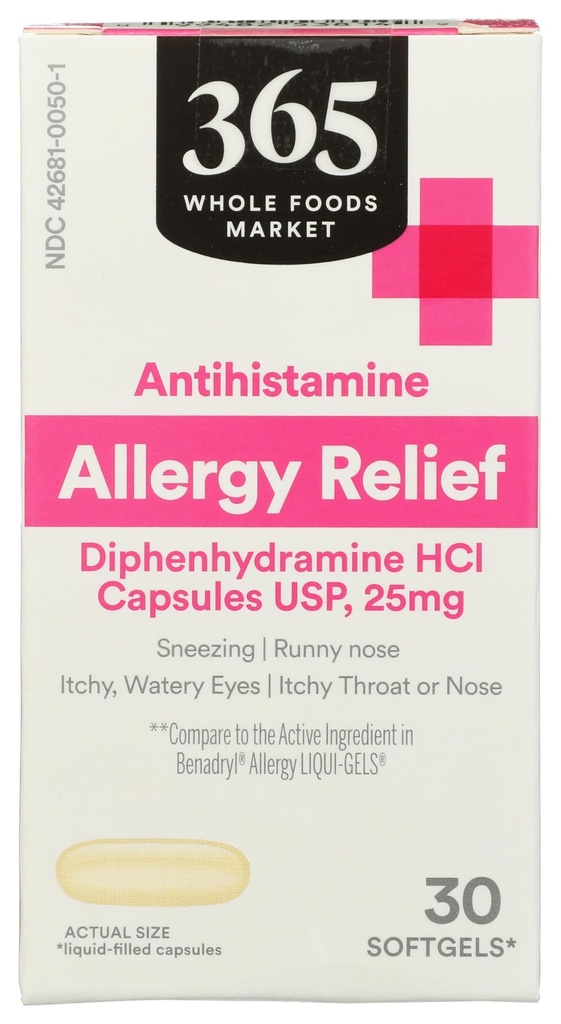 365 by Whole Foods Market Allergy Relief Diphenhydramine Soft Gels 25 MG, 30 CT