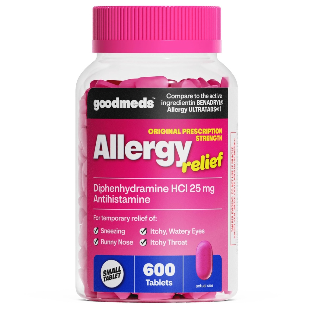 Allergy Medicine Antihistamine, Diphenhydramine HCl 25 mg | Children and Adults | Relieve Itchy Eyes, Runny Nose, Sneezing (25 mg, 600 Tablets)