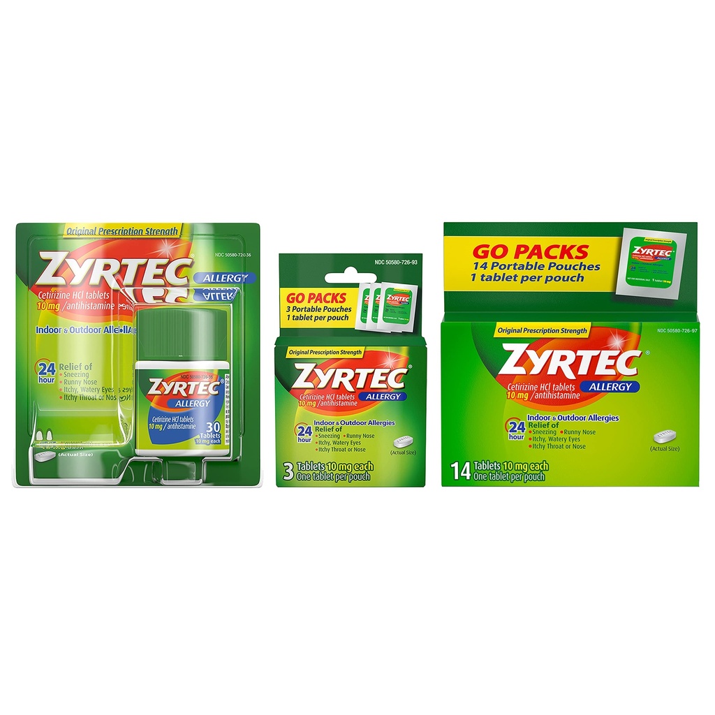 Zyrtec 24 Hour Allergy Relief Tablets, Indoor & Outdoor Allergy Medicine with 10 mg Cetirizine HCl per Antihistamine Tablet, 47ct Bundle Pack (1 x 30ct, 14ct and 3x1ct)