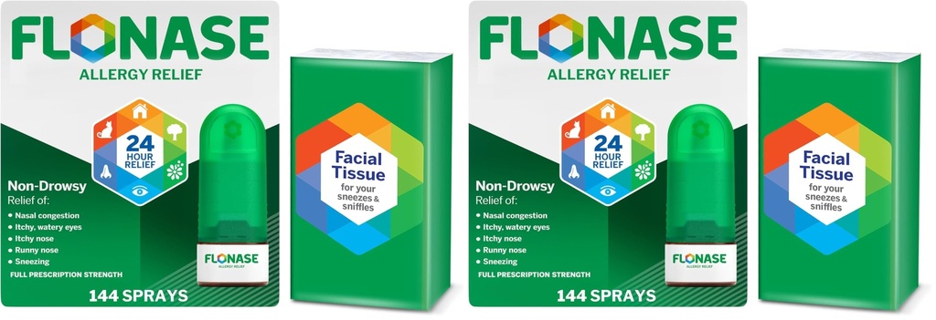 Flonase Allergy Relief Nasal Spray,24-Hour Non-Drowsy Multi-Symptom Relief 144 Sprays,Bonus Pack of Tissues,(Pack of 2)