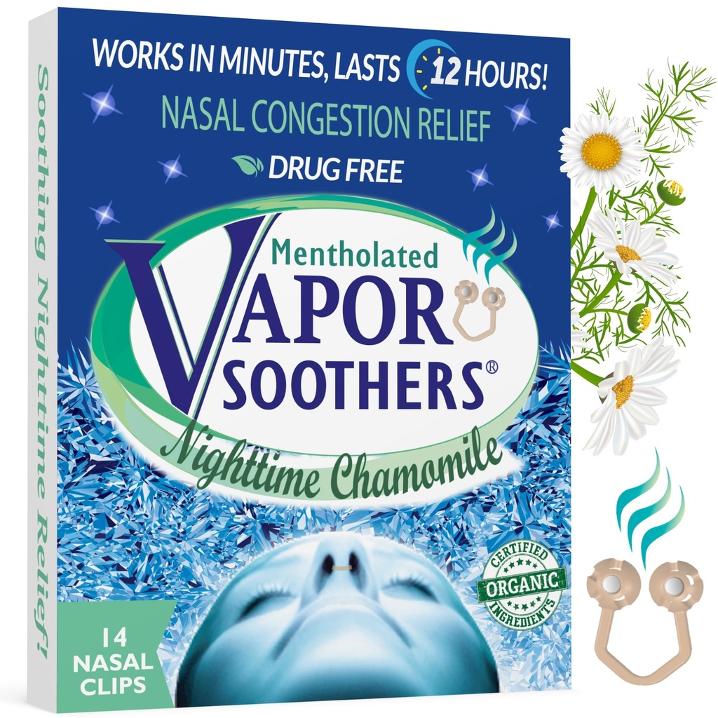 Nose Clips for Bad Smell by Vapor Soothers | Nasal Dilators for Breathing | Smell Nose Rings for Nurses | Instant Nasal Congestion Relief, Drug-Free | Nighttime Chamomile, 14 Count