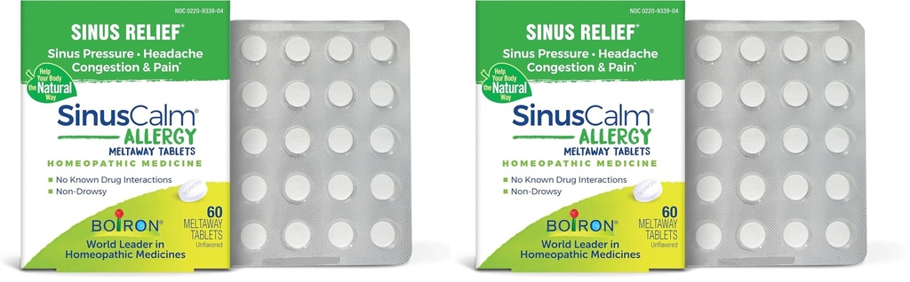 Boiron SinusCalm Allergy Tablets for Relief from Sinus Pressure,Sinus Headache,or-Sinus Congestion and Pain -,60 Count (Pack of 2)