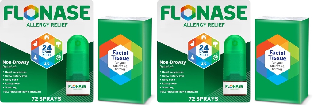 Flonase Allergy Relief Nasal Spray, 24-Hour Non-Drowsy Multi-Symptom Relief - 72 Sprays Plus Bonus Pack of Tissues, (Pack of 2)