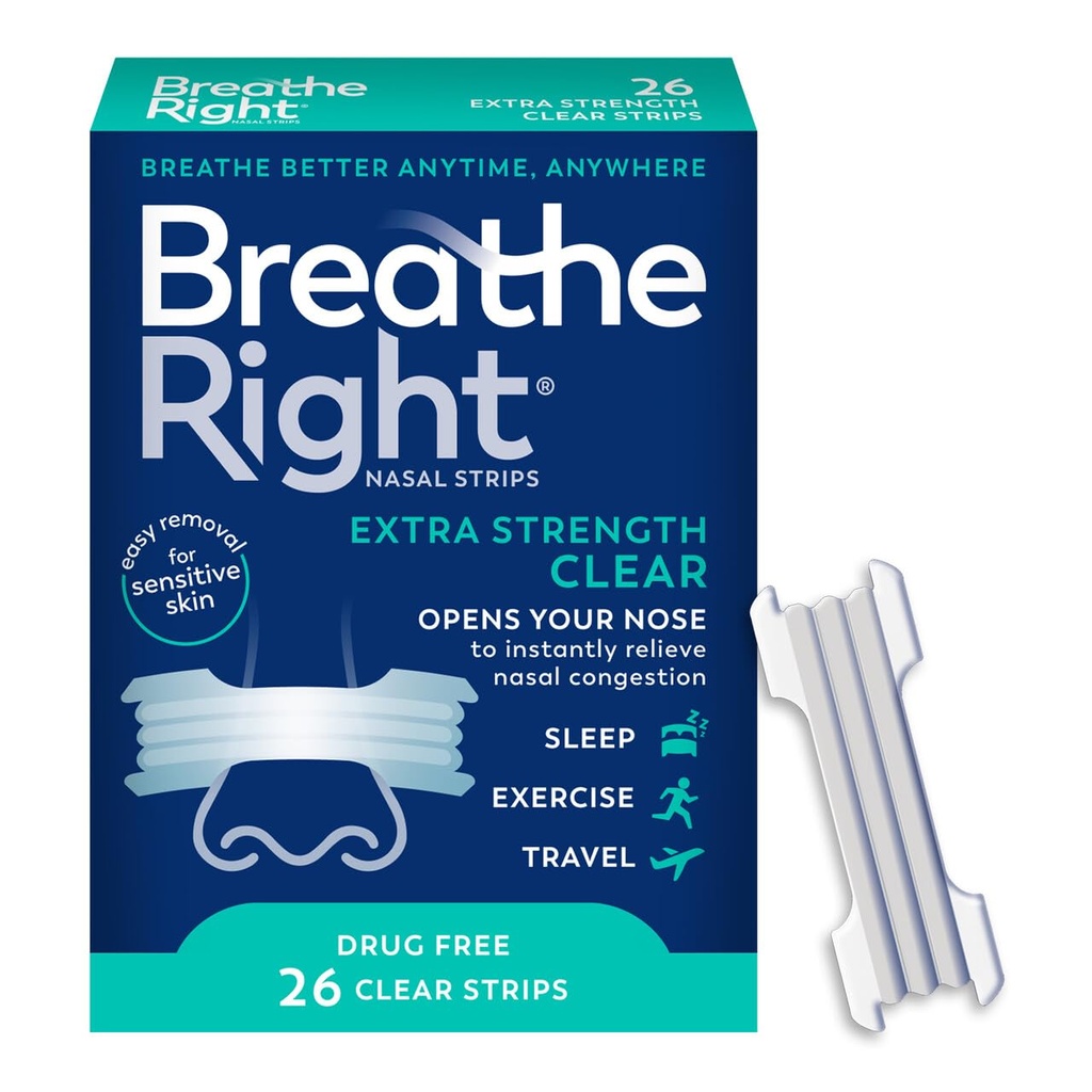 Breathe Right Nasal Strips | Extra Strength | Clear Nasal Strips | For Sensitive Skin | Help Stop Snoring | Drug-Free Snoring Solution & Nasal Congestion Relief Caused by Colds & Allergies | 26 Count