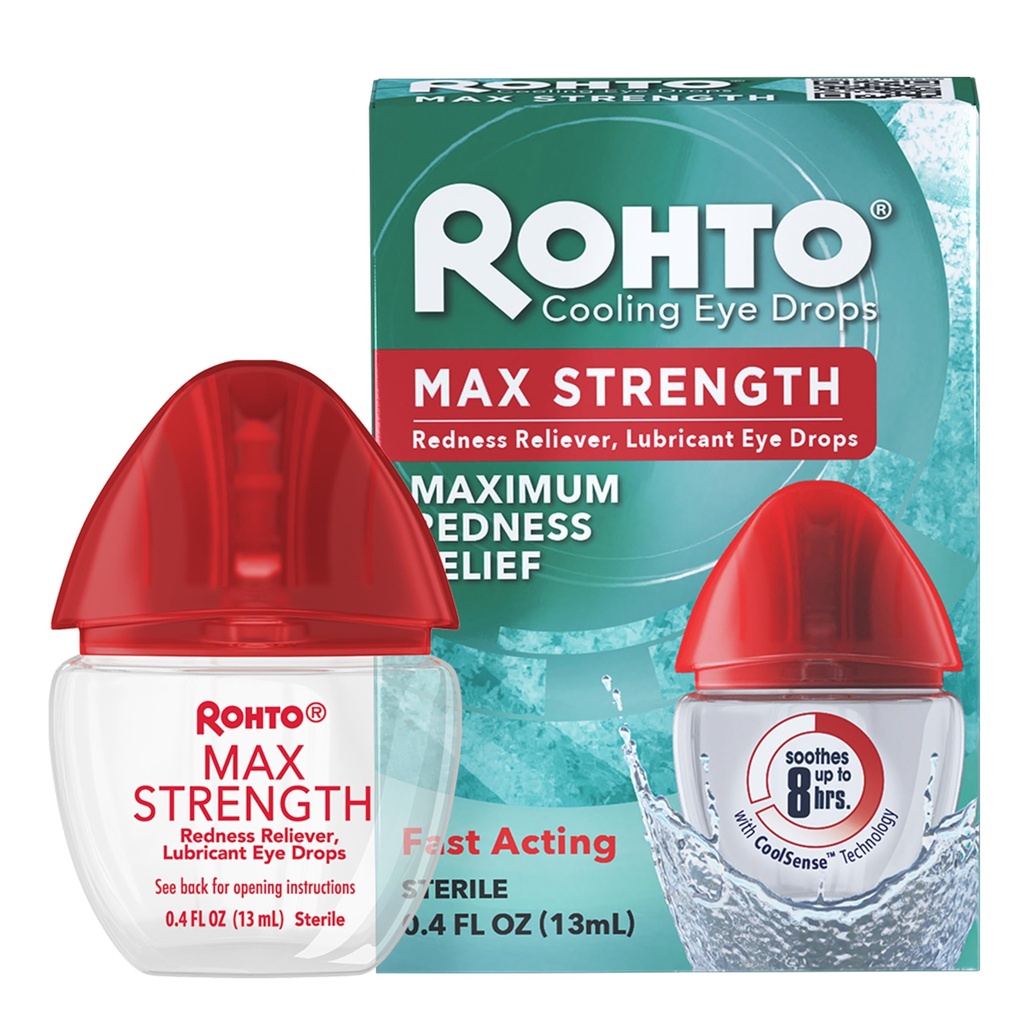 Rohto Max Strength Redness Reliever, Lubricant Eye Drops, Fast, Cooling Relief for Red, Dry, Itchy Eyes, Redness and Dryness Symptom Relief, Soothing Eye Drops, 0.4 fl oz Bottle