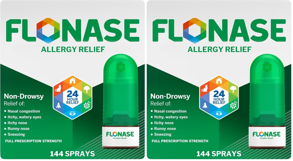Flonase Allergy Relief Nasal Spray,24 Hour Non Drowsy Allergy Medicine,Metered Nasal Spray - 144 Sprays- Fall and Seasonal-Allergy Relief,(Pack of 2)