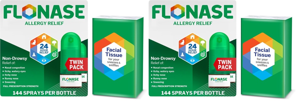 Flonase Allergy Relief Nasal Spray,24-Hour Non-Drowsy Multi-Symptom Relief 144 Sprays Plus Bonus Pack of Tissues,(Pack of 4)