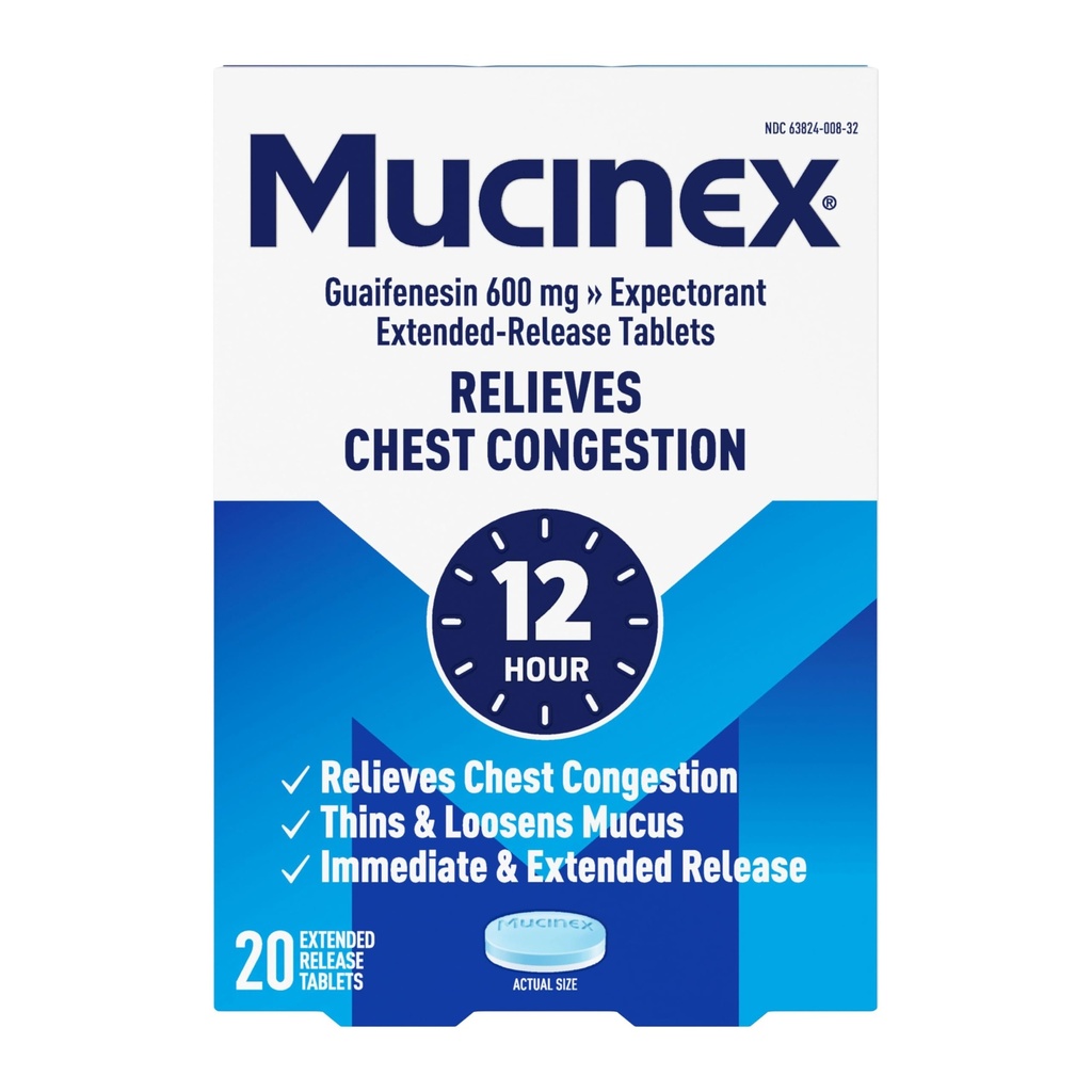 Mucinex 12 Hour 600 mg Guaifenesin Extended-Release Tablets for Excess Mucus Relief, Expectorant Aids Excess Mucus Removal, Chest Congestion Relief, 20 Bi-Layer Tablets
