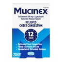 Mucinex 12 Hour 600 mg Guaifenesin Extended-Release Tablets for Excess Mucus Relief, Expectorant Aids Excess Mucus Removal, Chest Congestion Relief, 20 Bi-Layer Tablets