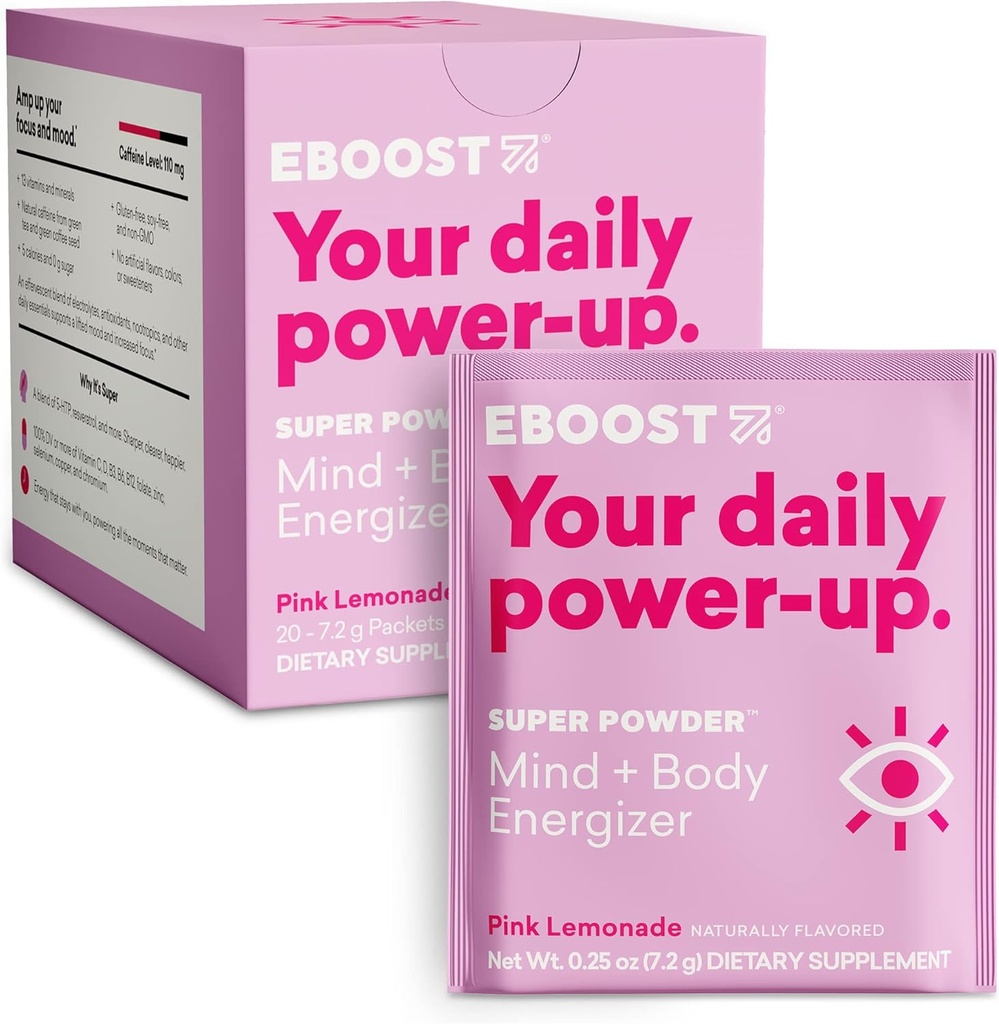 Bebida de energía EBOOST " Polvo de electrolito, 20 Packets - Limonada rosa superpolvo sin azúcar añadido - Blend esencial de vitaminas, nootrópica " Caffeine natural e hidratación - Pre " Post Workout