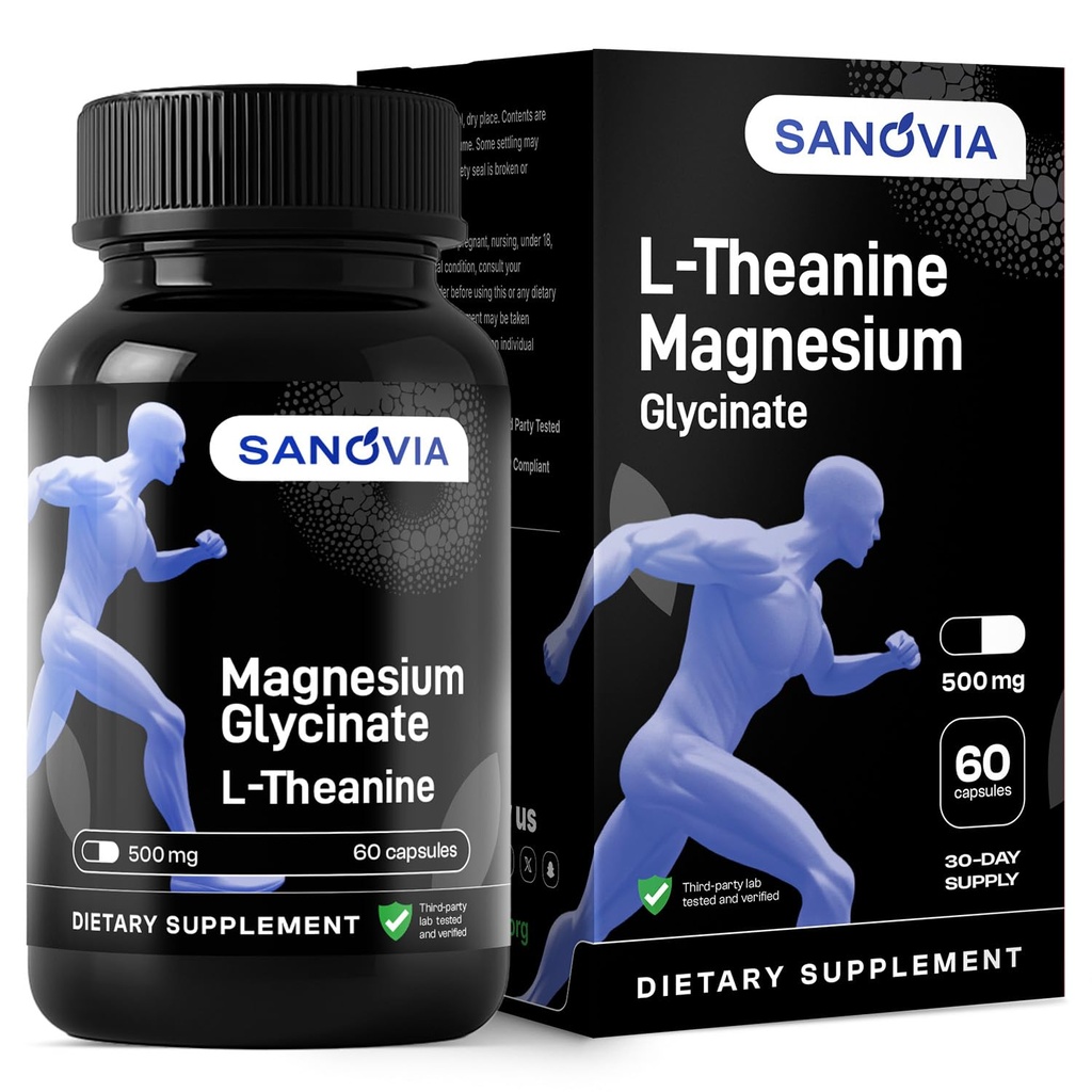 SANOVIA Magnesium Glycinate Sleep Support Supplement with L-Theanine, Chamomile & Melatonin – Calm Nighttime Relax Formula, 150mg Elemental Magnesium, 200mg L-Theanine, 60 Vegan Capsules