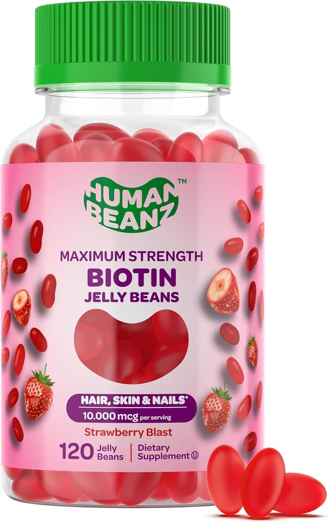 Biotin Jelly Bean Gummy Vitamins, Max Strength Biotin for Hair, Skin and Nails, 10,000mcg per Serving, Hair Growth Vitamins for Men and Women, 120 Strawberry Blast Jelly Beans, Kosher