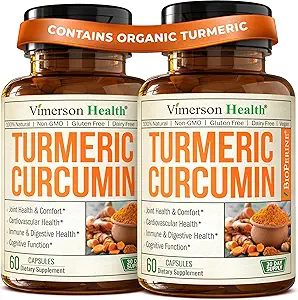 Suplemento de Curcumina Turmérica con Extracto de Pepper Negro - Turmérico orgánico de alta potencia 1200 mg " 95% Curcuminoides para la salud conjunta " Digestiva - Suplemento de soporte conjunto - 60 cápsulas de Curcuma - 2 Pack
