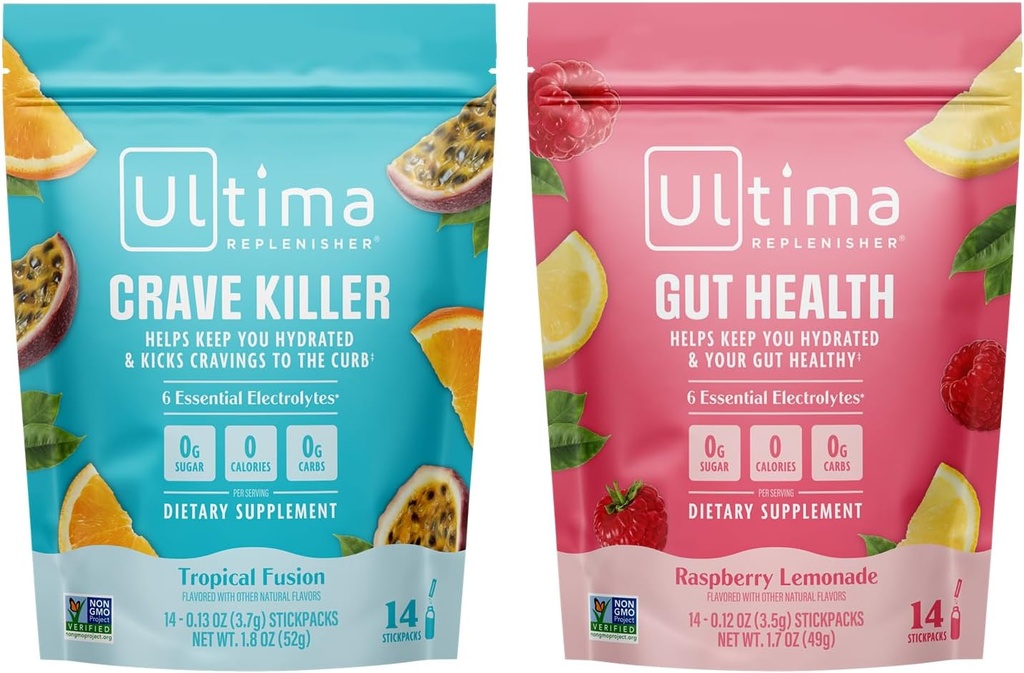Ultima Replenisher Electrolyte Powder Drink Mix Bundle – Sugar Free – Crave Killer and Gut Health, 14 Stickpacks – 6 Electrolytes and Minerals – Keto Friendly, Vegan, Non-GMO