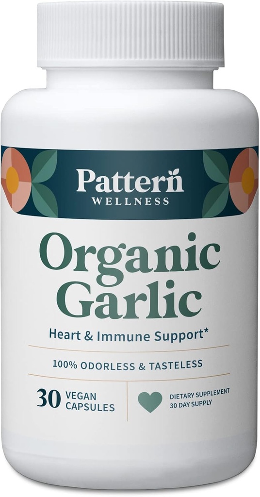 Pattern Wellness Odorless Organic Garlic – 1000mg – Immune, Circulatory & Heart Health Support – Non-GMO & Gluten Free – 30 Vegan Capsules