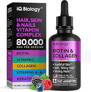 Biotina líquida para el crecimiento del cabello, piel & uñas - 80,000 mcg gotas de vitaminas para el cabello - Extra fuerza Biotina 5000mcg, Collagen, queratina con ácido hialurónico - Suplemento multivitamina para hombres de mujeres - 2 fl oz